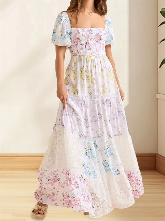 Elegant Floral Print Short Sleeve A-Line Dress