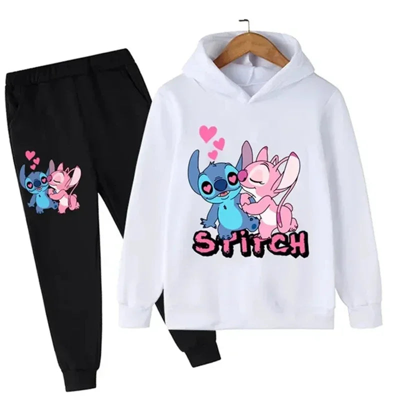 Cute Stitch Print Hooded Sweatshirt Suit