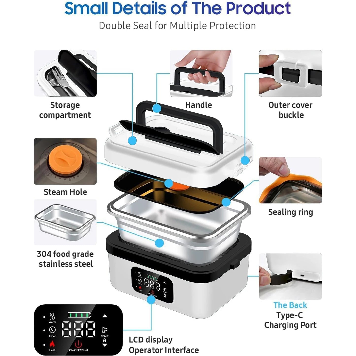 Automatic Heating Lunch Box with Fork and Spoon and Insulated Carrying Bag
