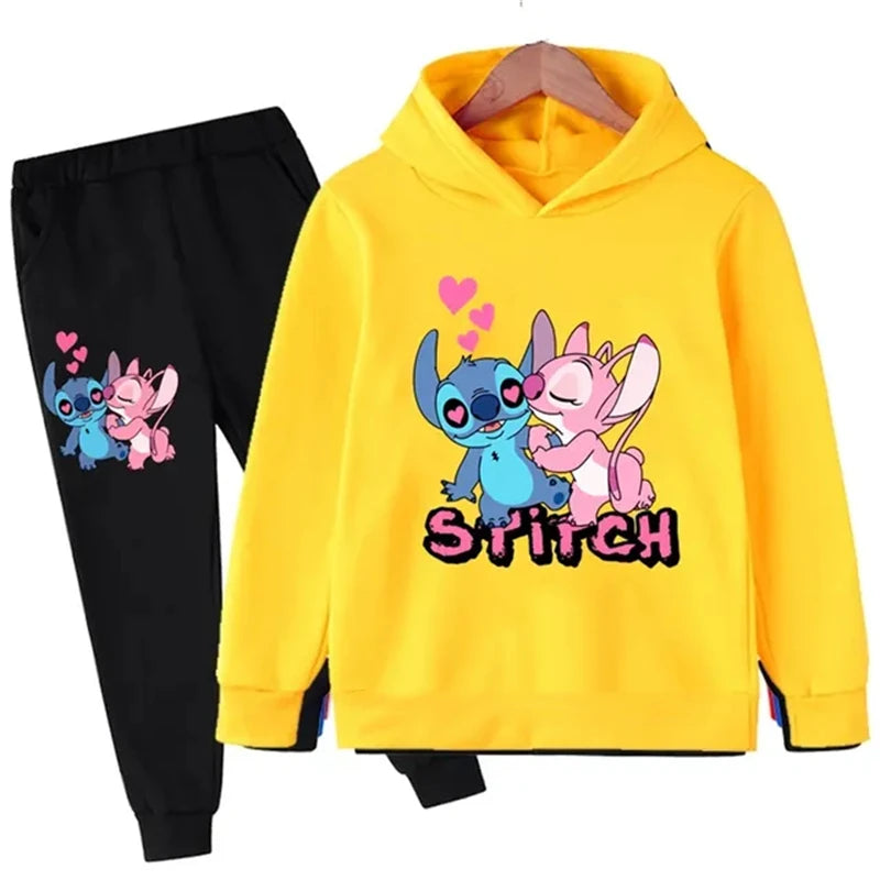 Cute Stitch Print Hooded Sweatshirt Suit