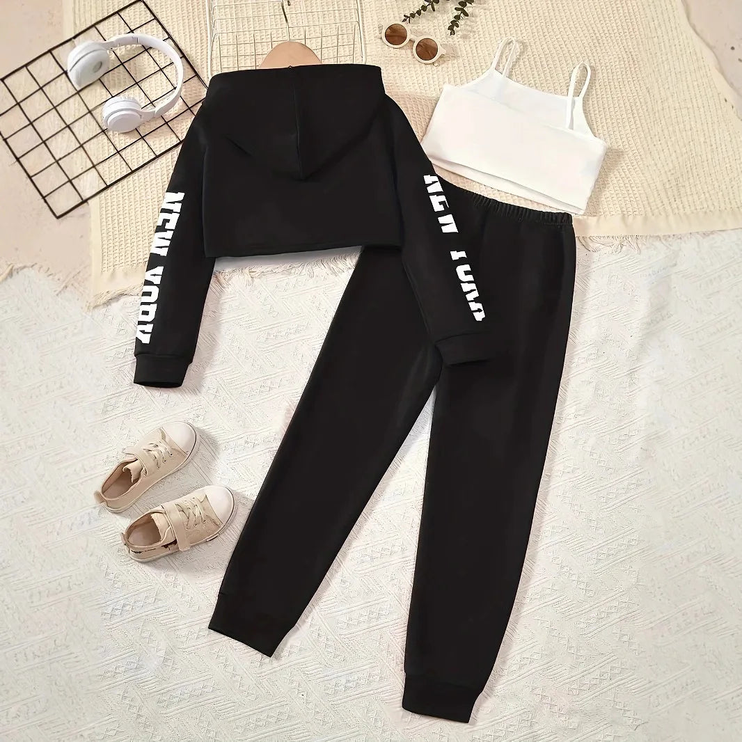 Girls clothes sweatshirt hooded crop top and bottom set