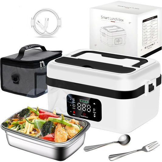 Automatic Heating Lunch Box with Fork and Spoon and Insulated Carrying Bag