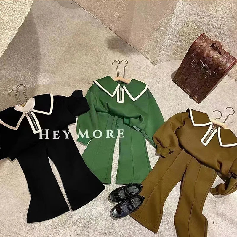 Children's Clothing Sets Lapel Long Sleeve Top + Wide Leg Pants