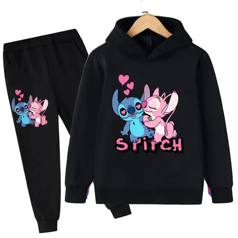 Cute Stitch Print Hooded Sweatshirt Suit