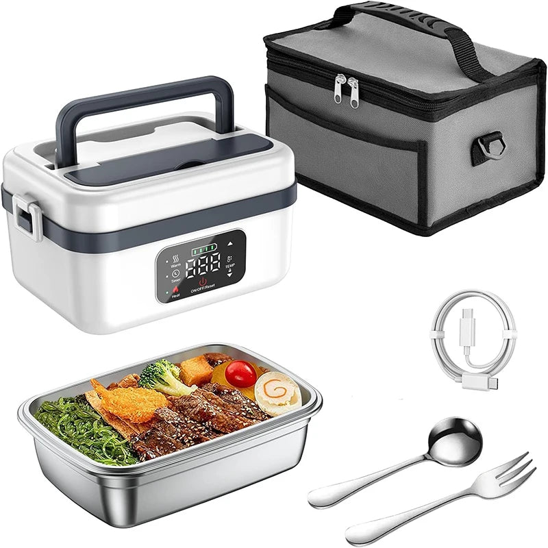 Automatic Heating Lunch Box with Fork and Spoon and Insulated Carrying Bag