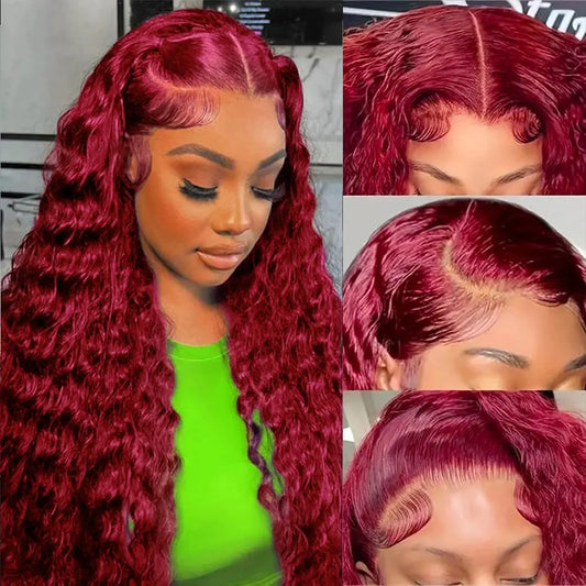 Burgundy Lace Front Wigs Human Hair 30 Inch Deep Wave