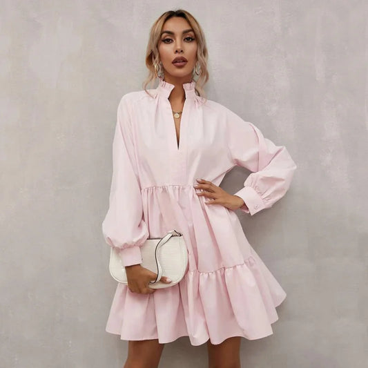 2025 European and American Hot-Selling Spring and Autumn New Women's Pleated Skirt Solid Color Long Sleeve Dress