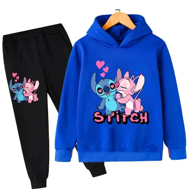 Cute Stitch Print Hooded Sweatshirt Suit