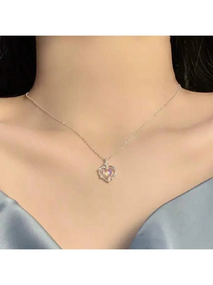 Opal & CZ Heart Pendant Necklaces