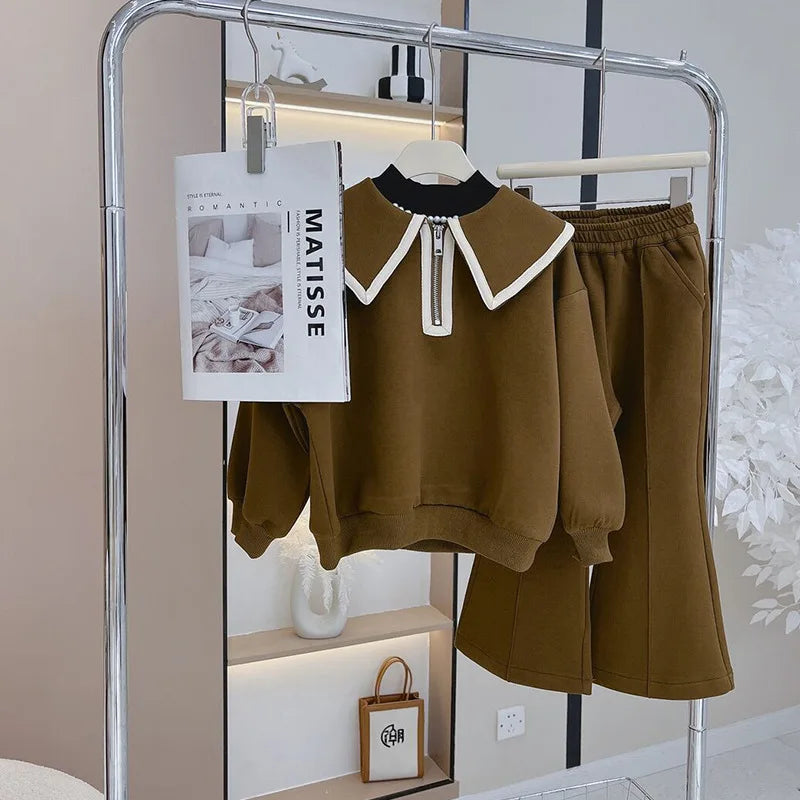 Children's Clothing Sets Lapel Long Sleeve Top + Wide Leg Pants
