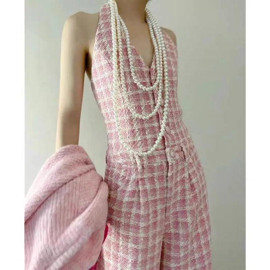 Weaving High Waist Loose Straight Leg Jumpsuit Pant Elegant Women Fall korean cloth overalls romper  one piece outfit 2024