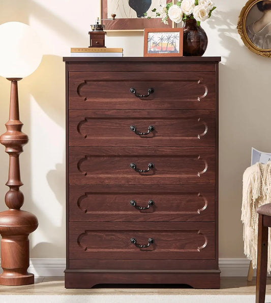 5 Drawer Dresser for Bedroom Farmhouse Cherry Wood Chest of Drawers for Bedroom Dresser, Rustic Wide Drawers Dressers