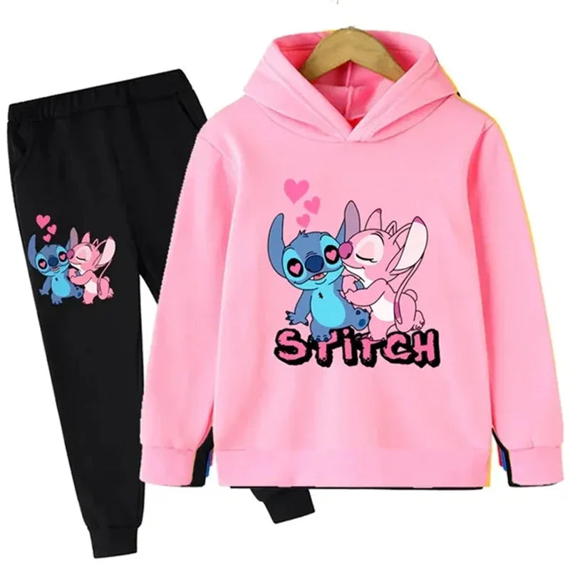 Cute Stitch Print Hooded Sweatshirt Suit
