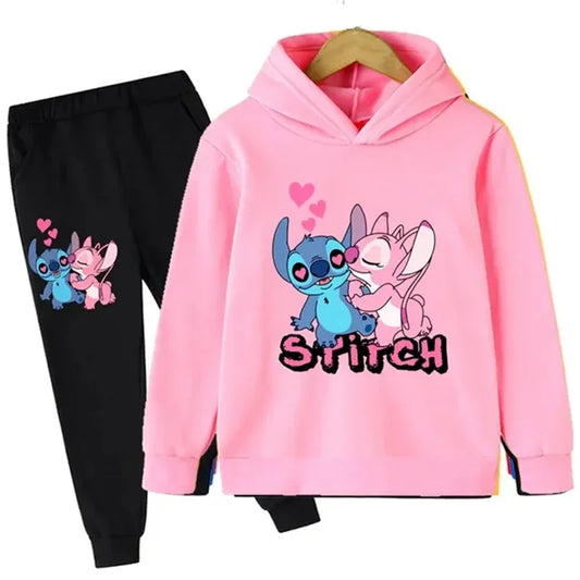 Cute Stitch Print Hooded Sweatshirt Suit