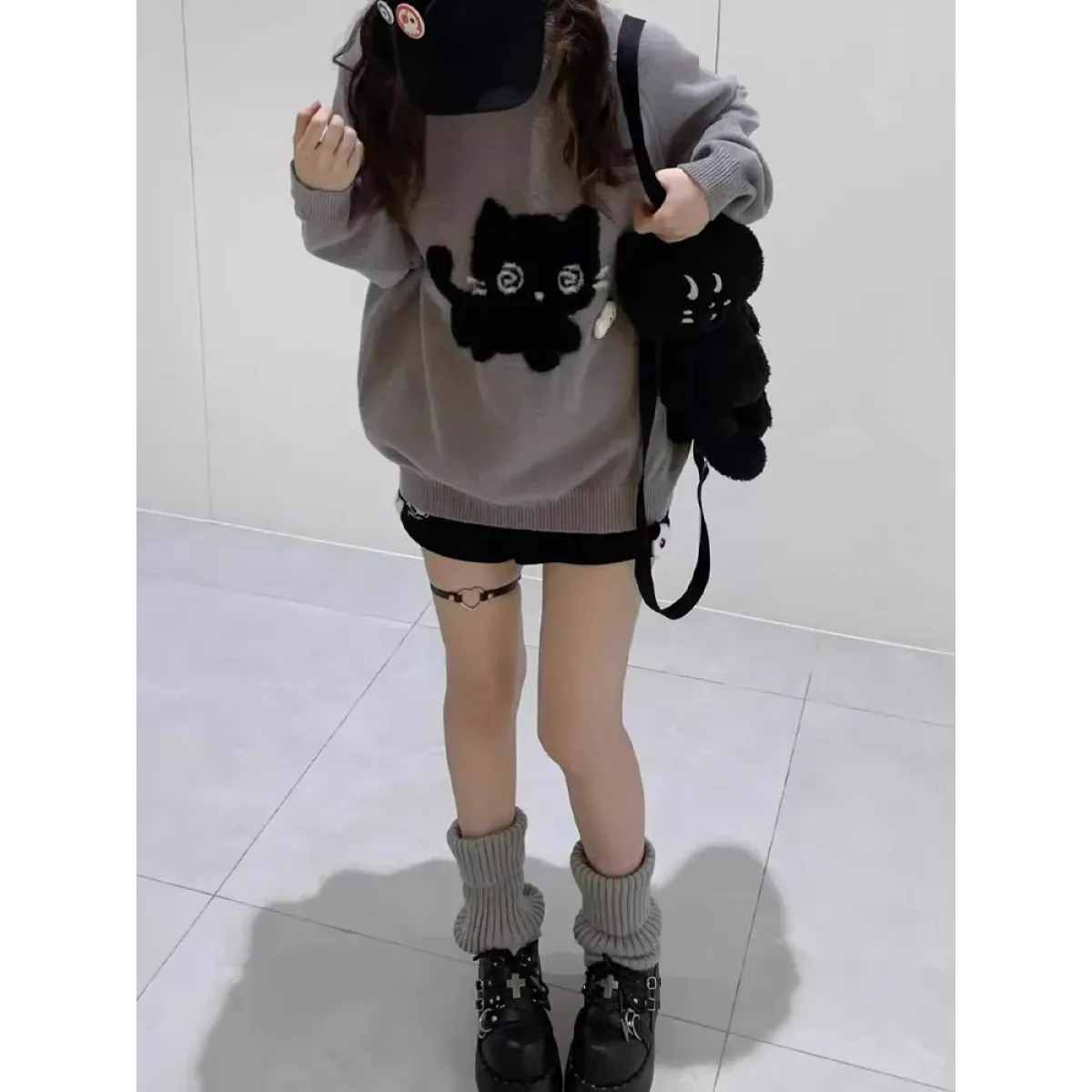 Gray Kawaii Cat Sweater Oversized Harajuku Soft Girl Pullover